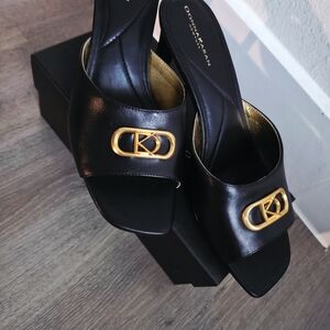 Donna Karan Black Mules with Gold Accents